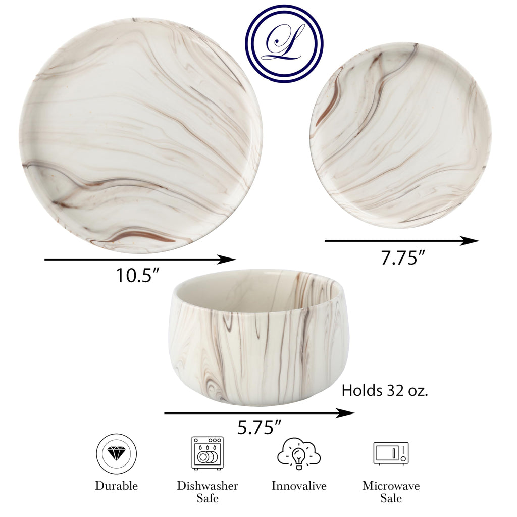 Shiny Marble Pattern Dinnerware Set, 12 Piece Service for 4, Microwave and Dishwasher Safe