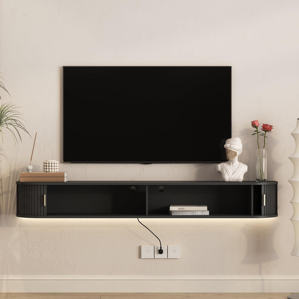68.9" Floating TV Stand with LED & Outlet, Fluted Wall Mounted TV Shelf, TV Cabinet Black