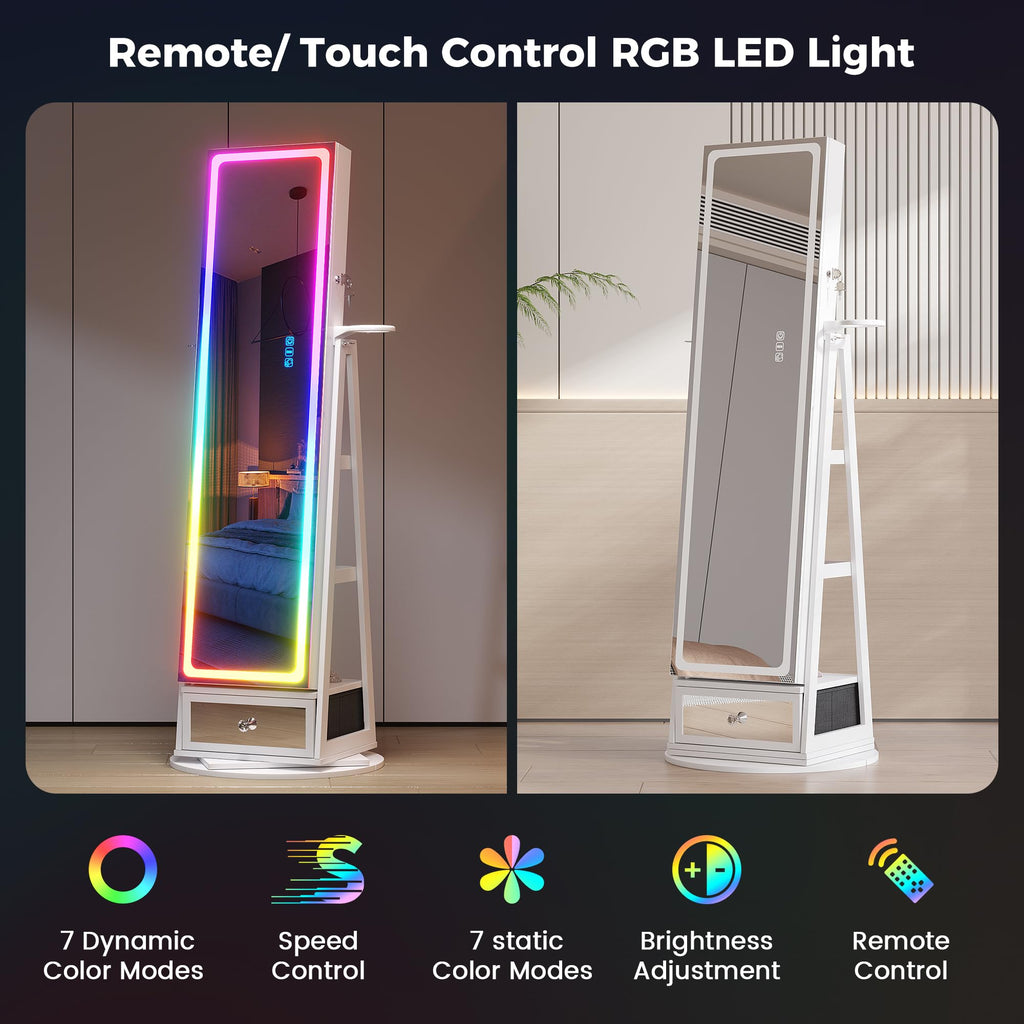 Jewelry Cabinet with LED Mirror, 360° Swivel & Remote Control, White