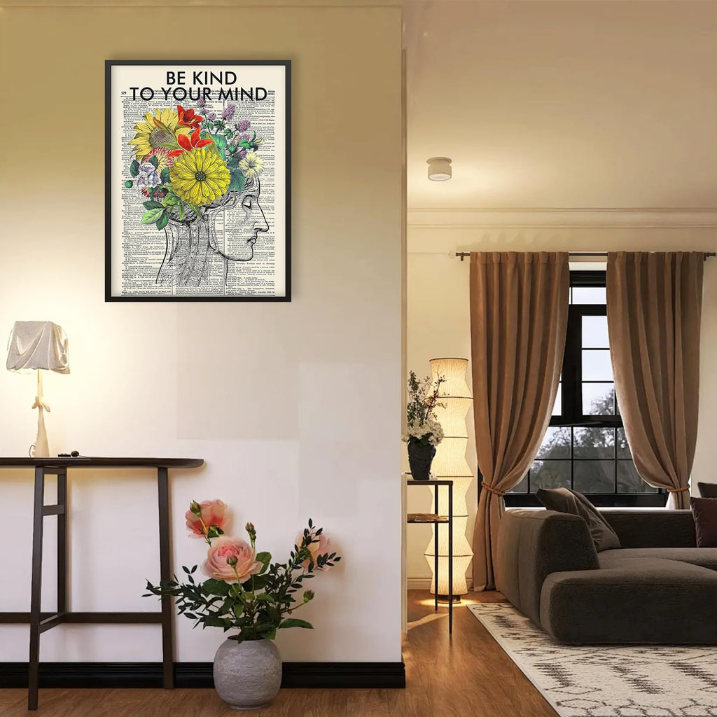 Be Kind To Your Mind Quote Poster Prints Mental Health Canvas Wall Art 24x36 inch Black Framed Vintage Newspaper