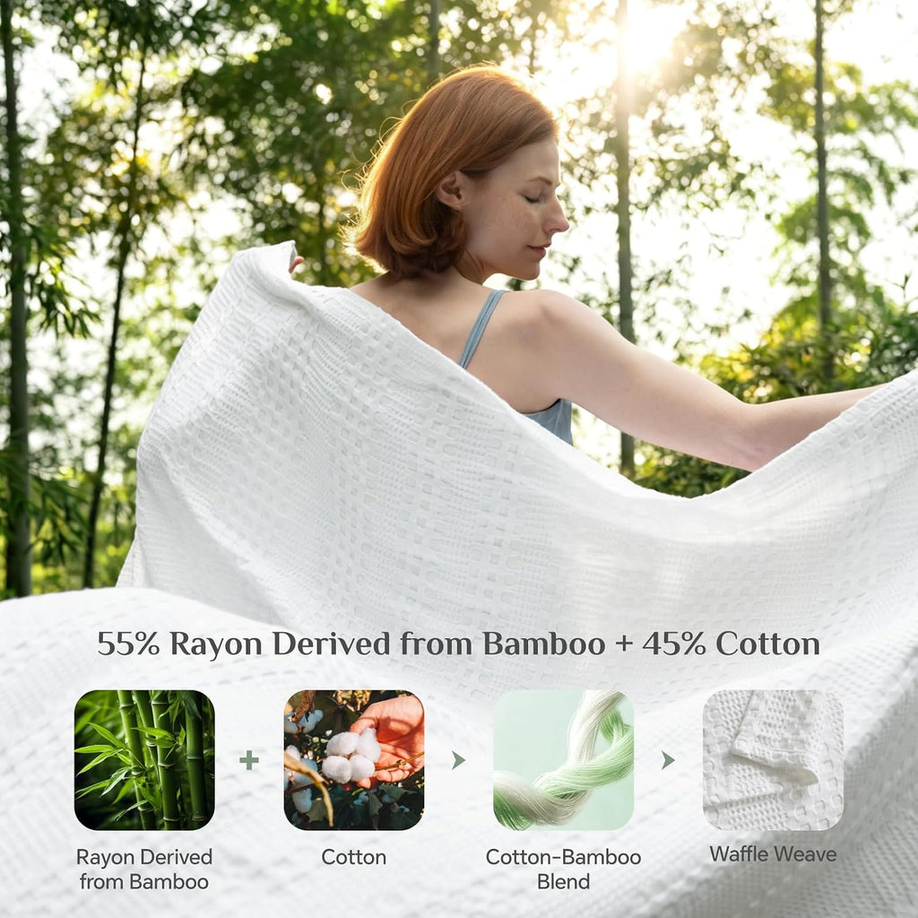 White Cooling Waffle Summer Blanket Queen Size for Bed, 90x90 Inch | 45% Cotton and 55% Rayon Derived from Bamboo