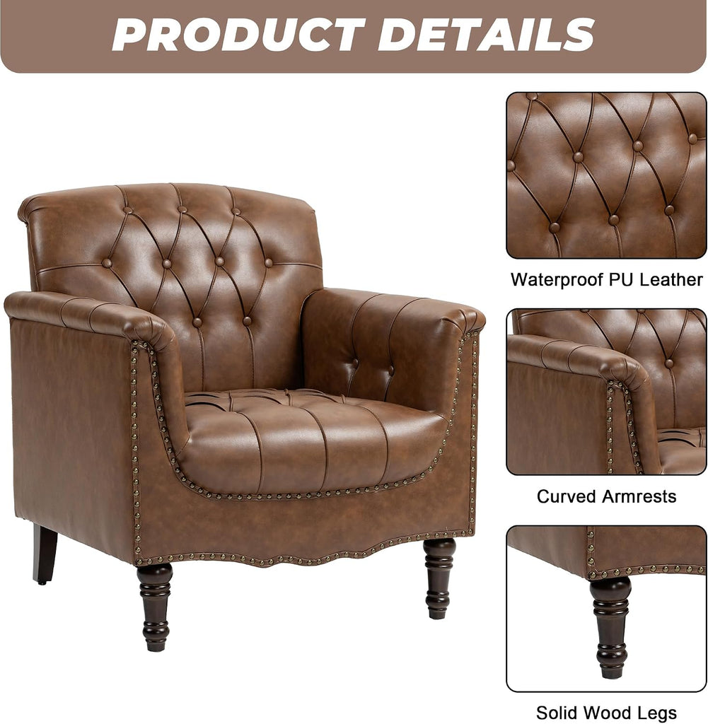 Faux Leather Armchairs, Upholstered Accent Chair, Brown - Set of 2