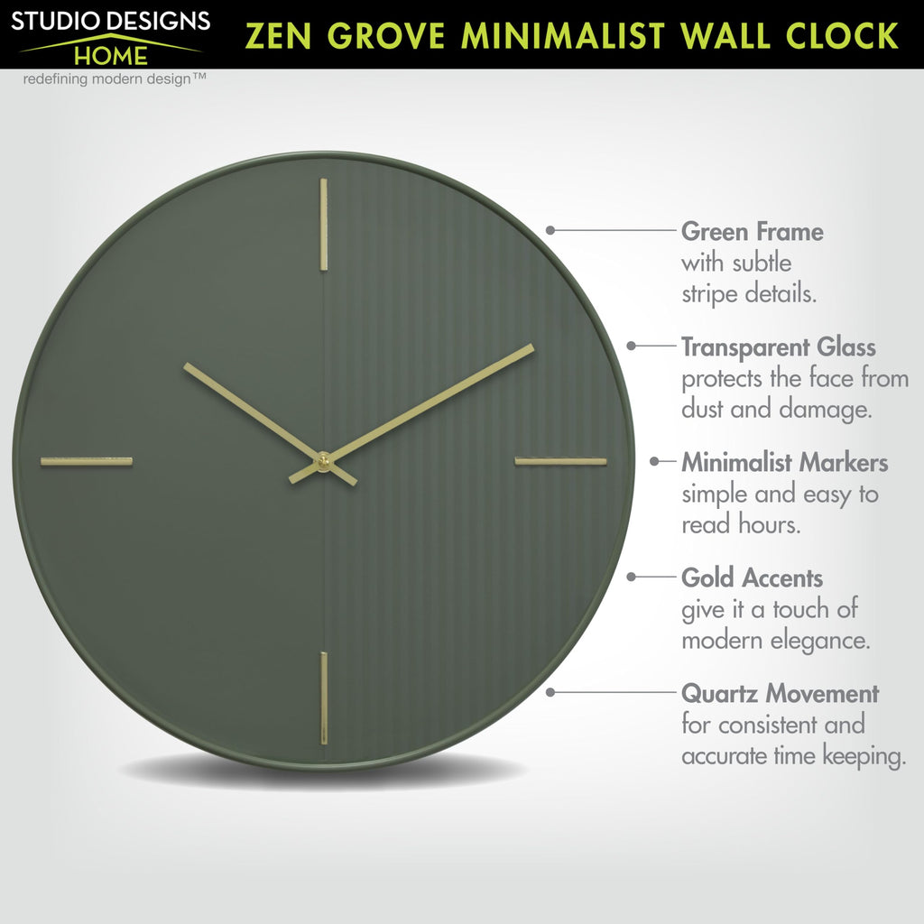 Zen Grove Minimalist Wall Clock, 15.75" Modern Green Wall Clock with Gold Accents, Subtle Stripe Face, Quartz