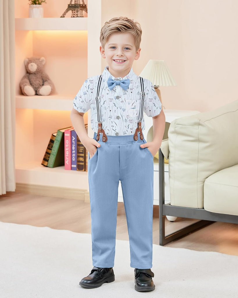 Boys Clothes Formal Suit Gentleman Wedding Outfit Short Sleeve Shirt with Bow Tie and Suspender Pants