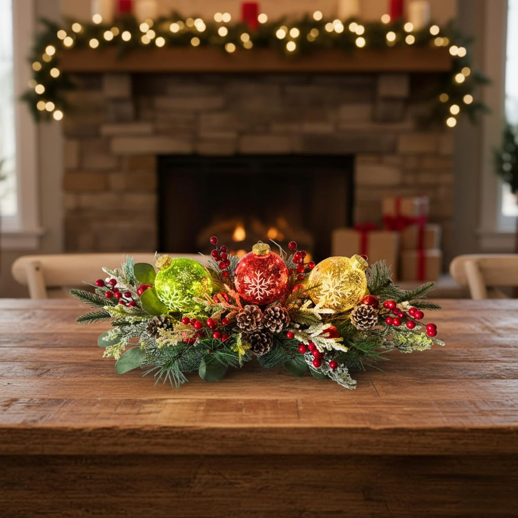 Lighted Christmas Centerpiece with 3 Snowflake Ball Ornaments