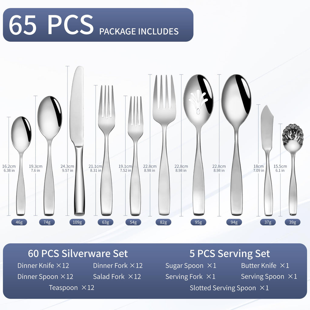65 Piece Silverware for 12 Heavy Duty, Stainless Steel 18/10 Flatware Set