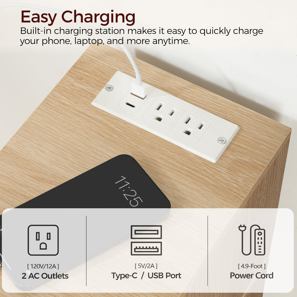 Narrow Nightstand, Narrow End Table with Charging Station