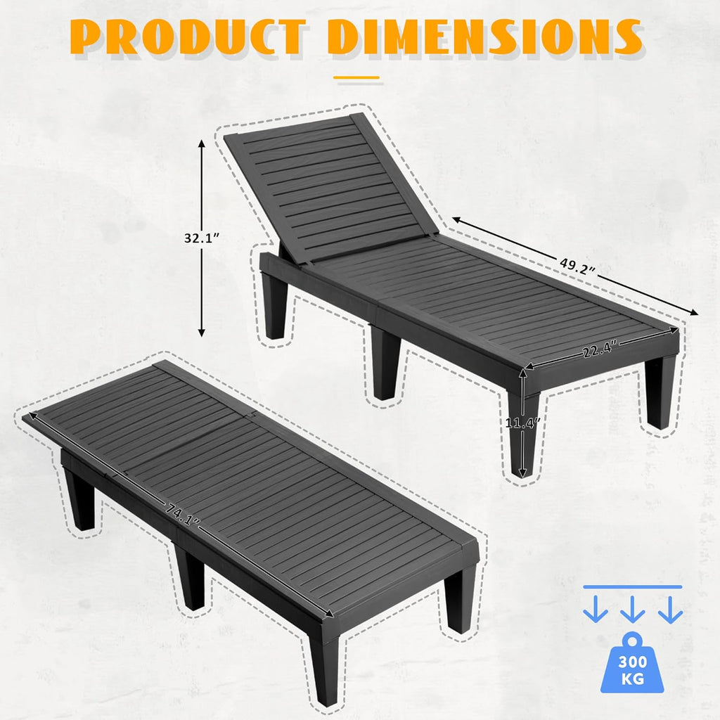 Outdoor Lounge Chairs Set of 2, 5-Position Adjustable Tanning Chairs with Wood Grain, All-Weather Res Recliners for