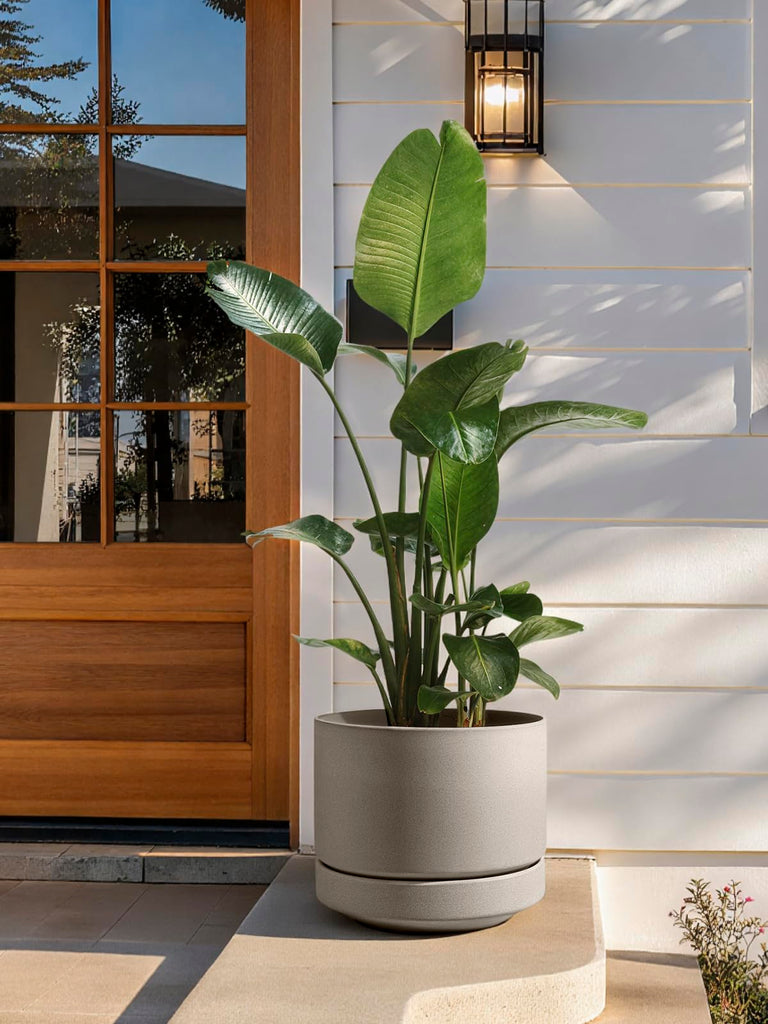Large 14 Inch Plant Pot with Saucer | Ceramic Outdoor & Indoor Big Planter Pot | Drainage Hole, Mesh Pad | Unglazed