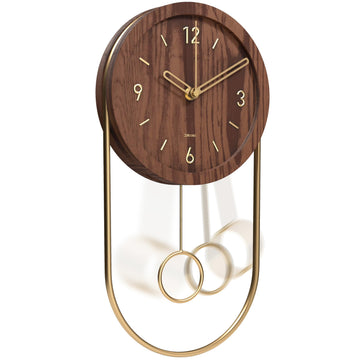 Small Unique Oval Wood Pendulum Wall Clock - Modern Walnut and Gold