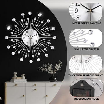Large Wall Clock Decor Non-Ticking Quiet Metal Quartz Clocks Modern Dial Bling Big Diamond Wall Clocks Kitchen