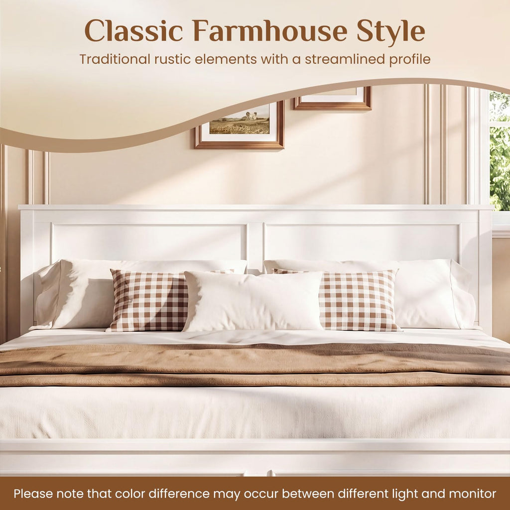 Wood Bed Frame with Headboard, Farmhouse Solid Platform Bed w/Wooden Slat Support Mattress Foundation