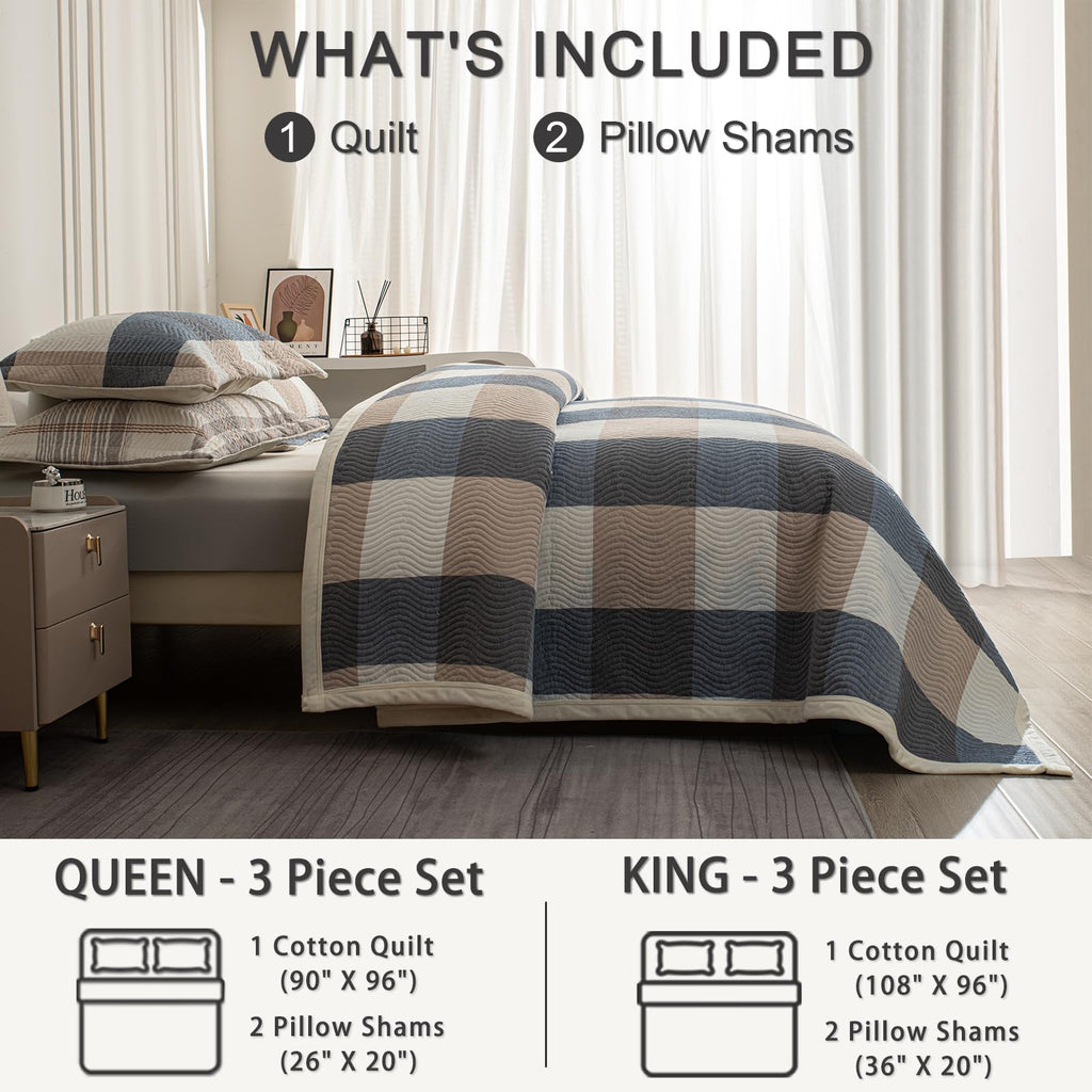 Cotton Plaid Quilt Set, Ultra Soft 3 Pieces Bedding with 2 Pillow Shams, Lightweight Reversible Coverlet