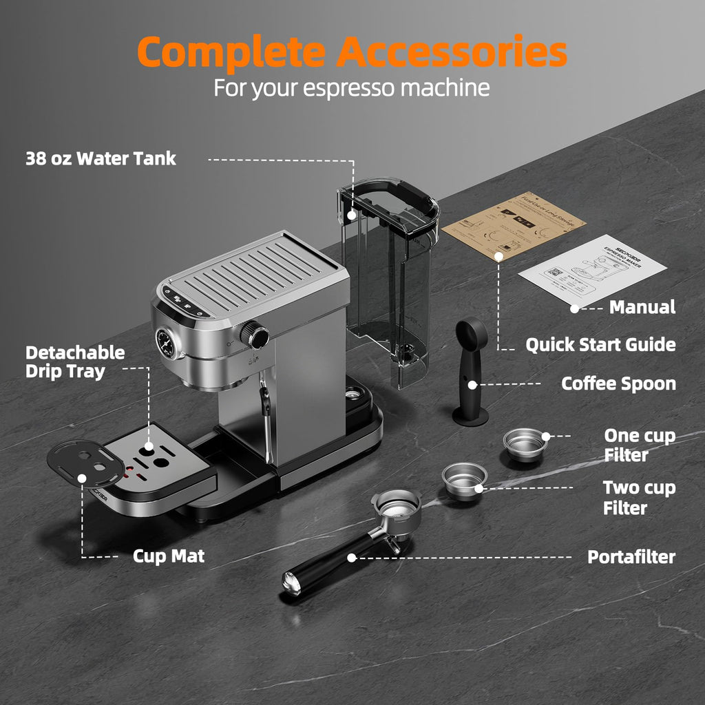 20 Bar Compact Espresso Machine with Pressure Gauge, Stainless Steel Espresso Maker with Milk Frother, Coffee Machine
