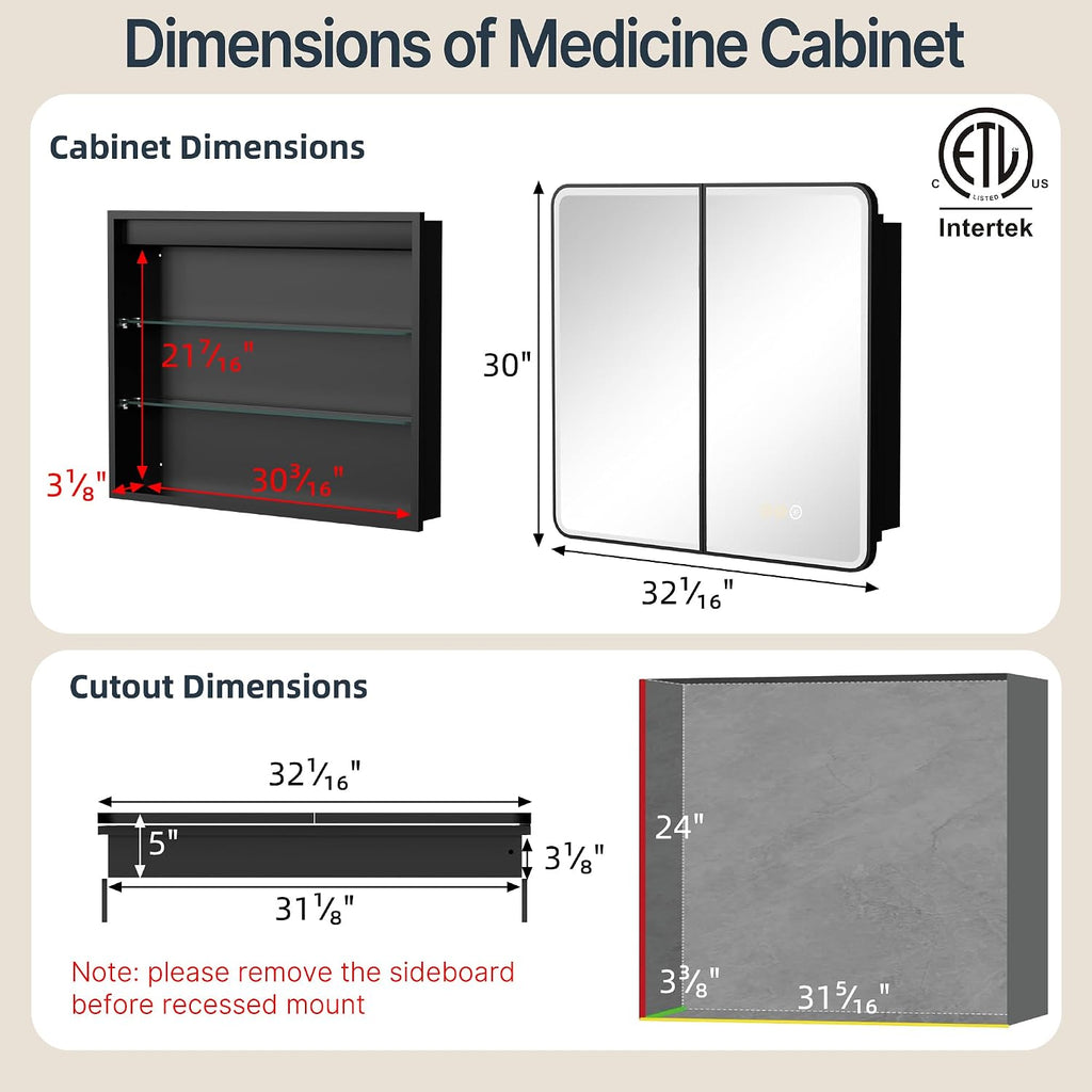 32x30 Inch Medicine Cabinet with Mirror and Lights , Black | Recessed or Surface Mount, Anti-Fog, Memory Function