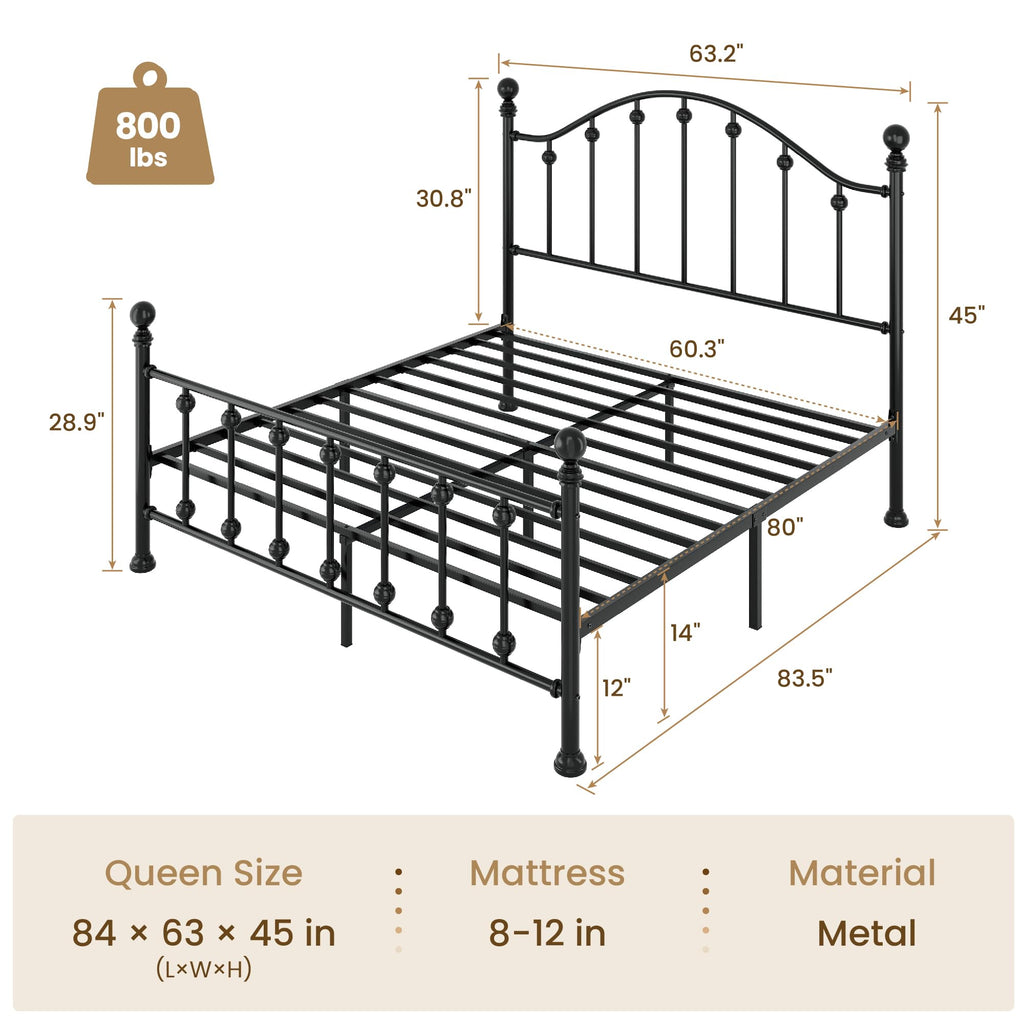 Metal Bed Frame, Victorian Headboard & Footboard, Black