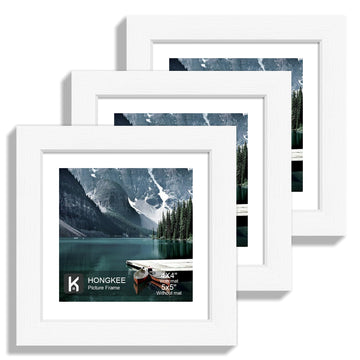 5x5 White Picture Frames Set of 3, Real Glass, Wood Frame, Mat 4x4