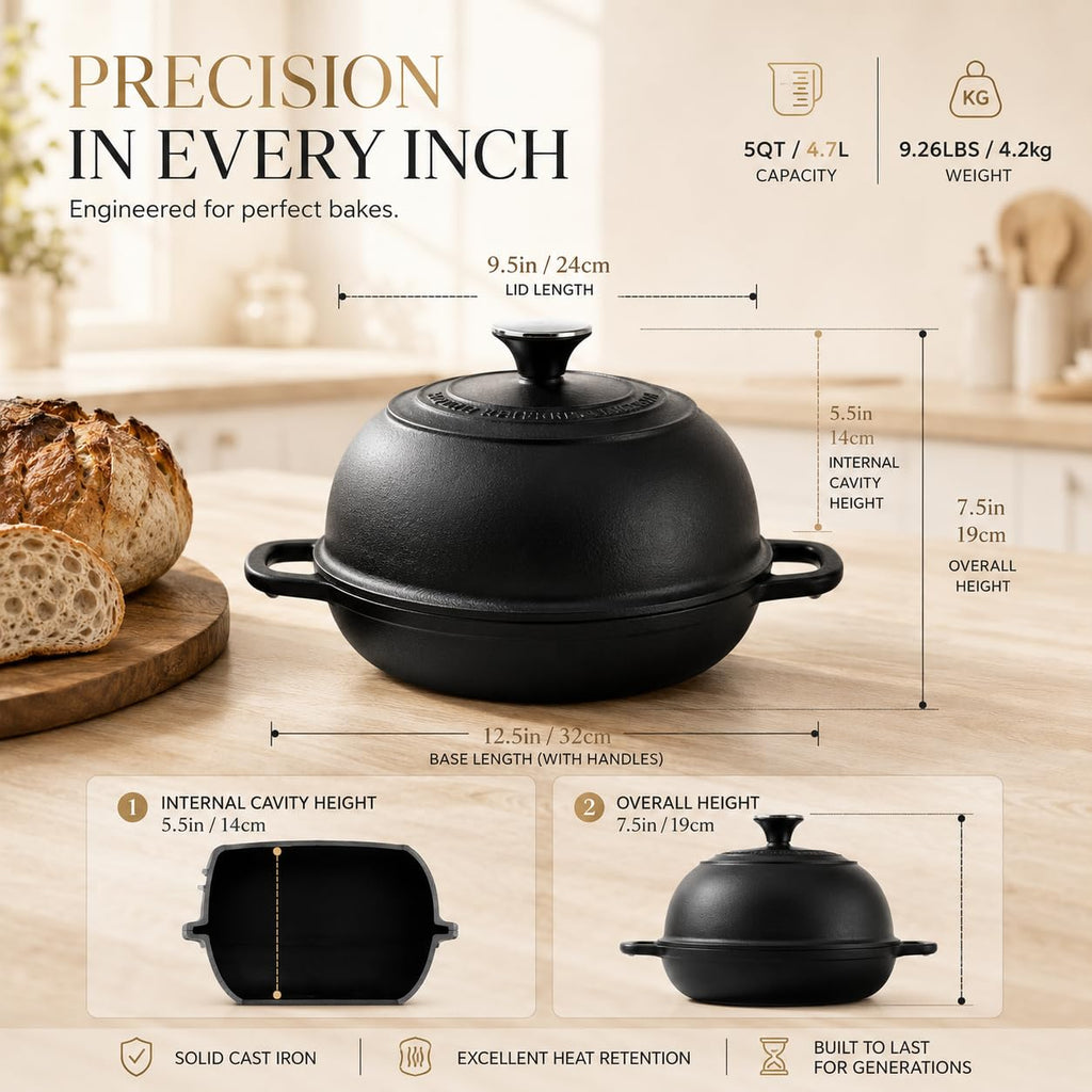 5QT Matte Black Enameled Cast Iron Dutch Oven for Bread Baking
