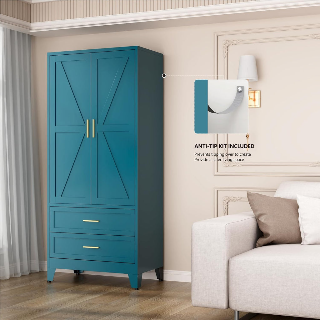 Blue Metal Wardrobe Closet, Armoire Wardrobe with Two Drawers Clothes Cabinet , 71" Tall Farmhouse Steel Armoire