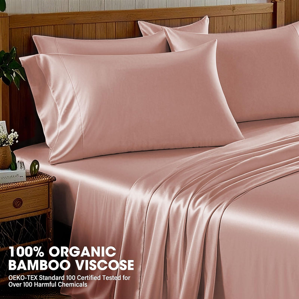 Sheets Queen Bed Sheet Set, 100% Rayon derived from Bamboo, Luxuriously Soft, Cooling, Double Stitching, 16"