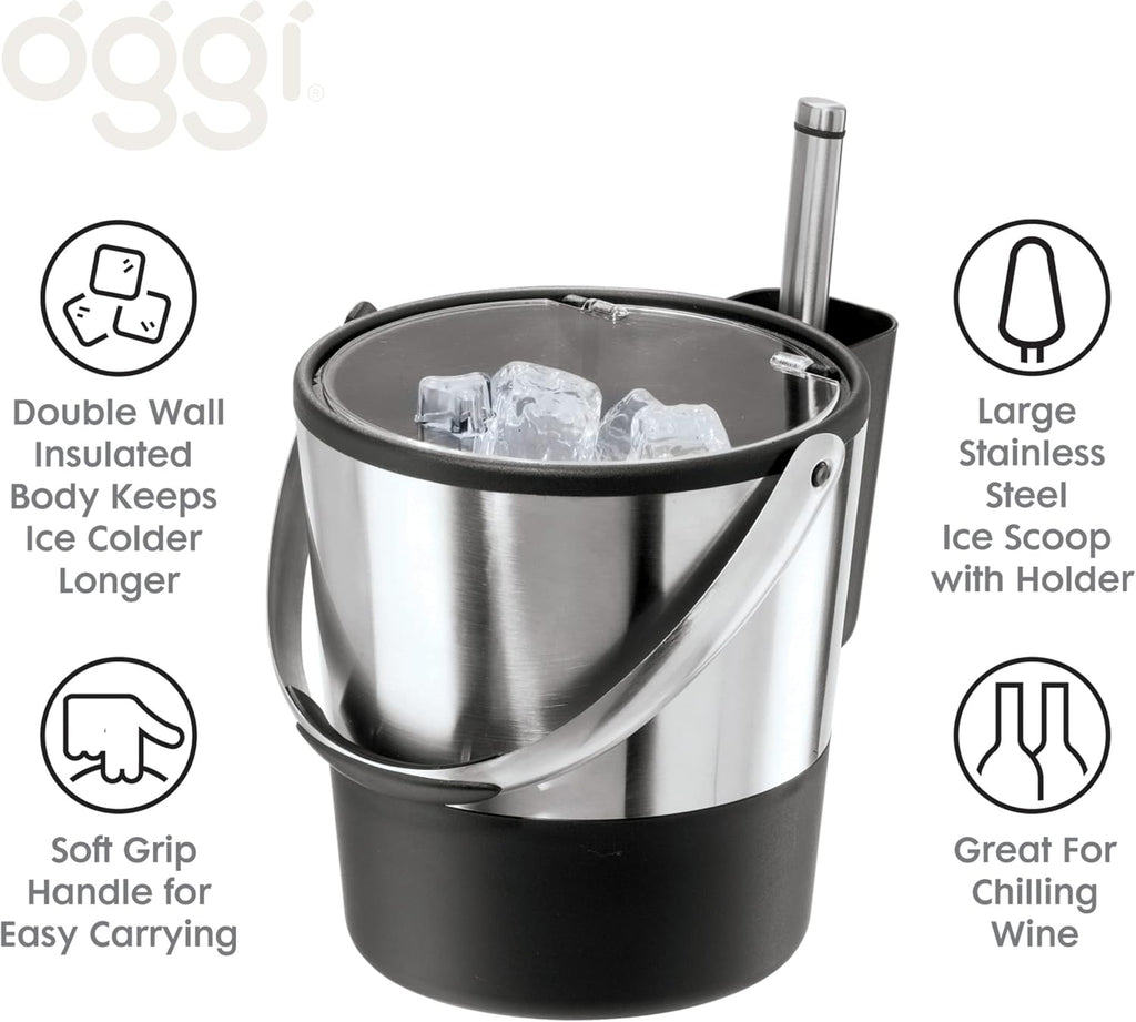 Insulated Ice Bucket, 4 Quart / 3.8 L, Stainless Steel, Black.