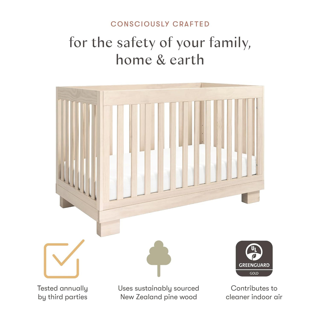 Modo 3-in-1 Convertible Baby Crib, Washed Natural | GREENGUARD Gold Certified, Wooden Crib Convertible to Toddler Bed