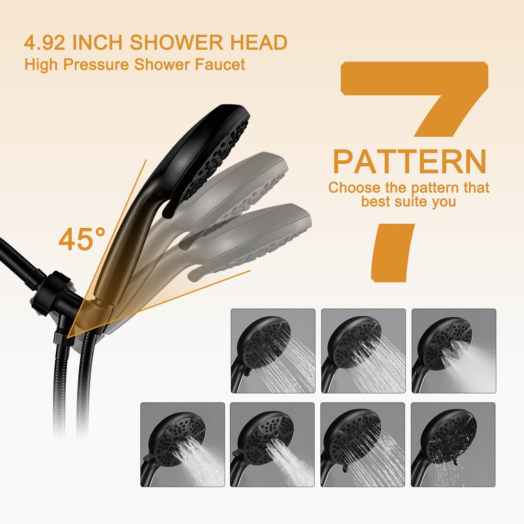 Single-Handle Shower Faucet Set Black - Matte Black Shower Head and Handle Set, Shower Trim Kit with 7 Modes Handheld