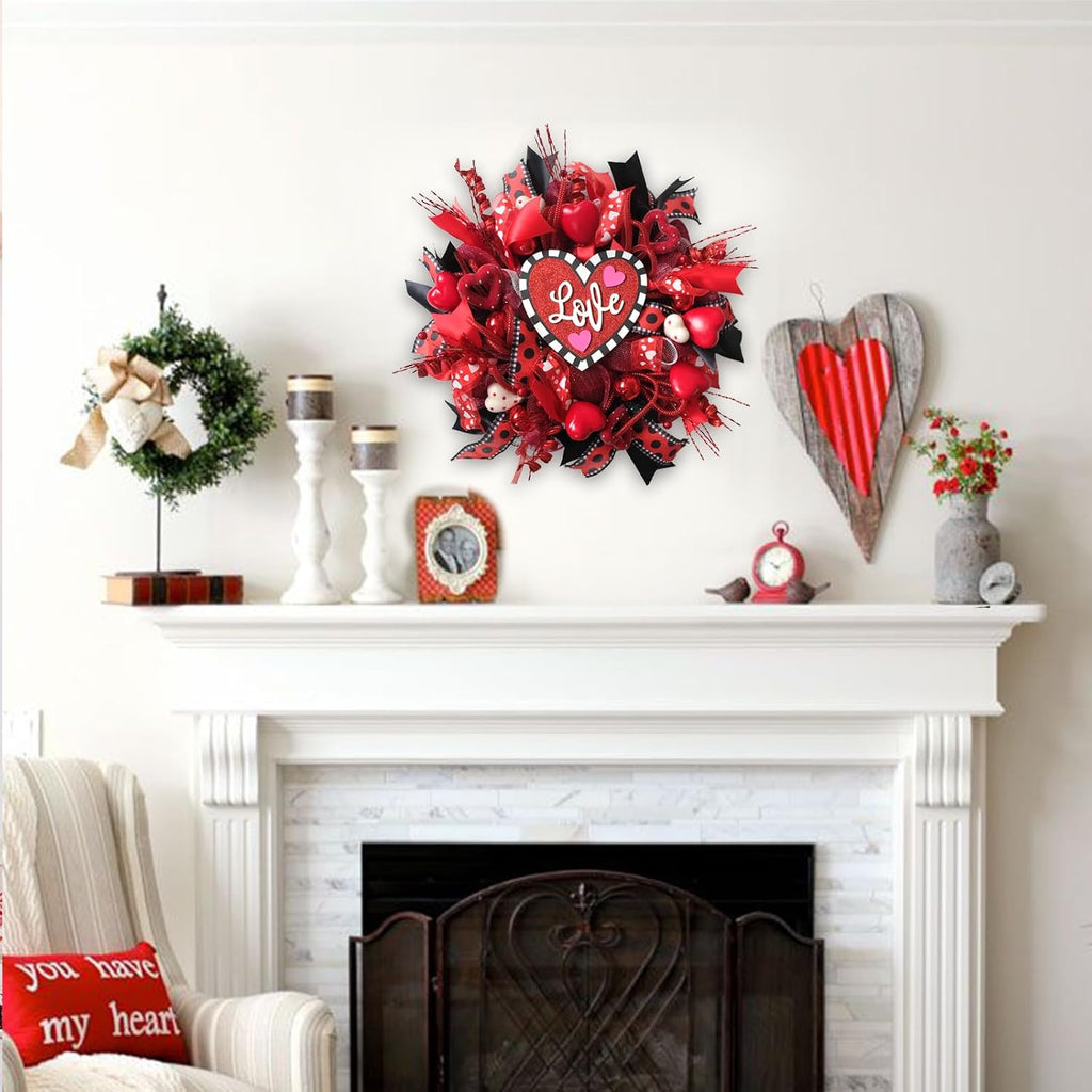 18 Inch Valentines Mesh Wreath for Front Door Artificial Red Rose Heart Valentines Day Decoration Wreath with Love