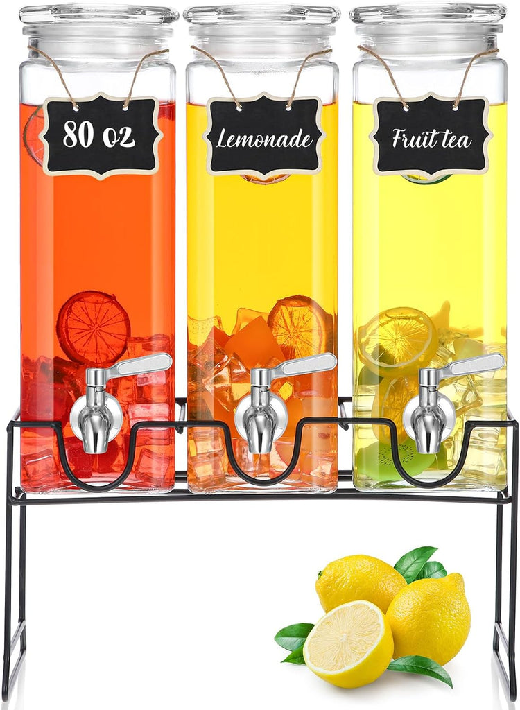 80 oz Tall Glass Drink Dispenser with Stand, Lid, Label and Stainless Steel Leakproof Spigot Beverage Water - Set of 3