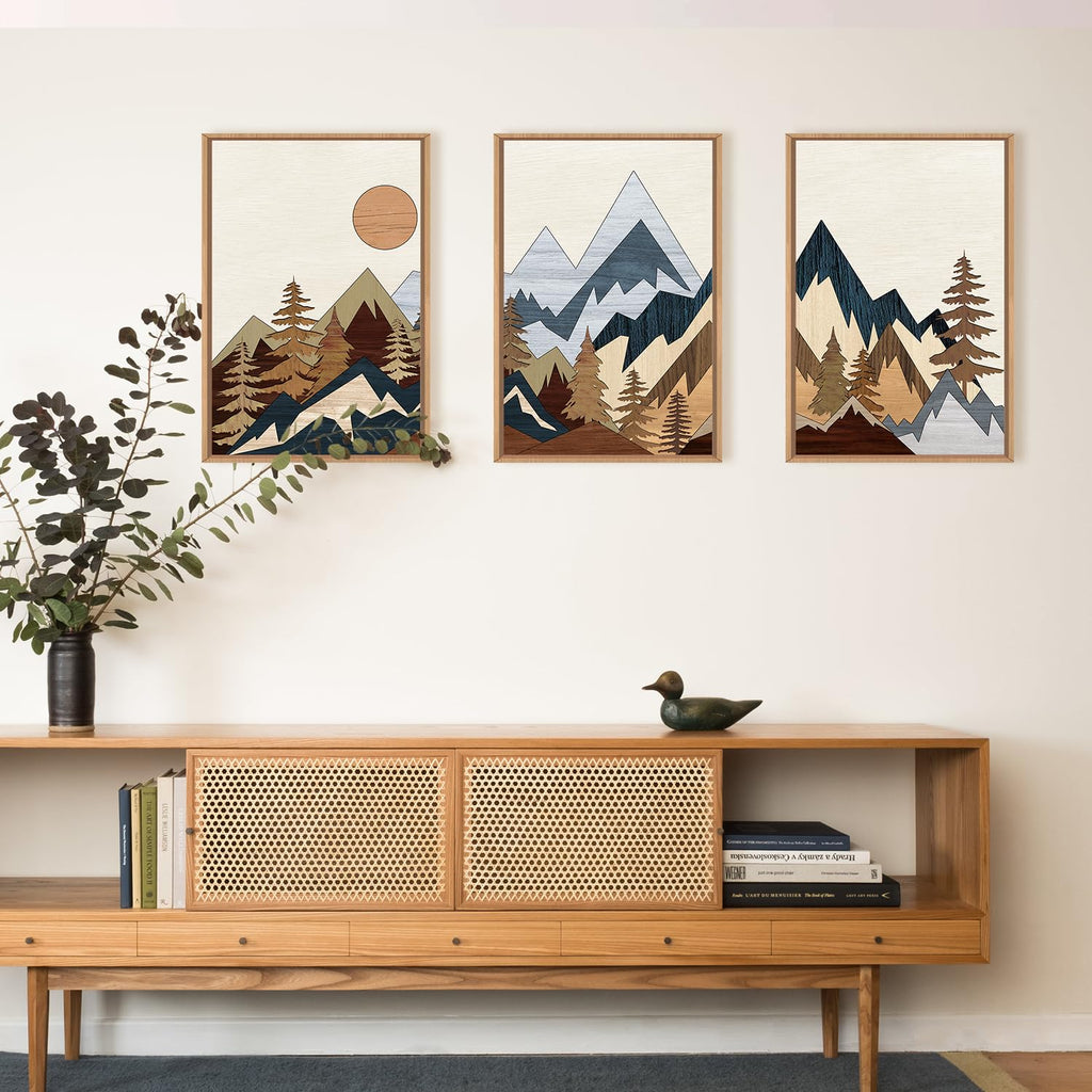 Mid Century Woodcut Mountain Woodland Framed Wall Art Set- 16"x24"x3