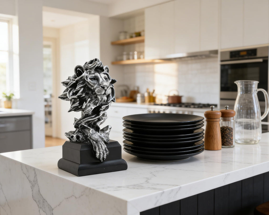 Lion Bust Sculpture with Matte Black Base 9 inch Metallic Silver, Abstract Design for Shelf Desk Office Decor, Gift