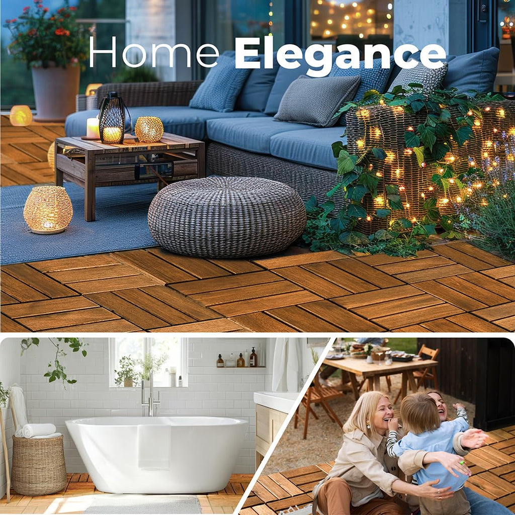 Premium Acacia Wood Interlocking Deck Tiles - Set of 9 pcs, 12"x12", Waterproof Outdoor Patio Flooring