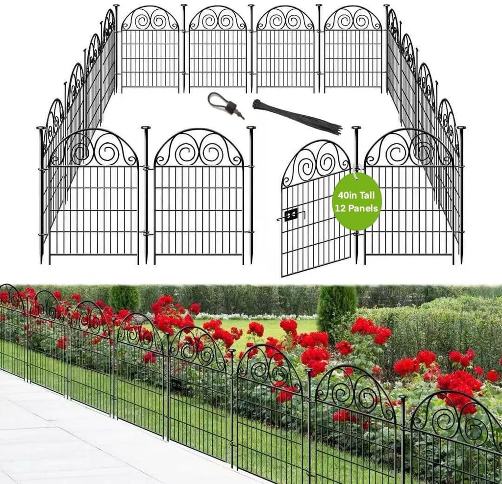 Tall Garden Fence Animal Barrier with Gate, 40 in(H) 12 Panels Garden Fences and Borders for Dogs, Dog Fence Outdoor