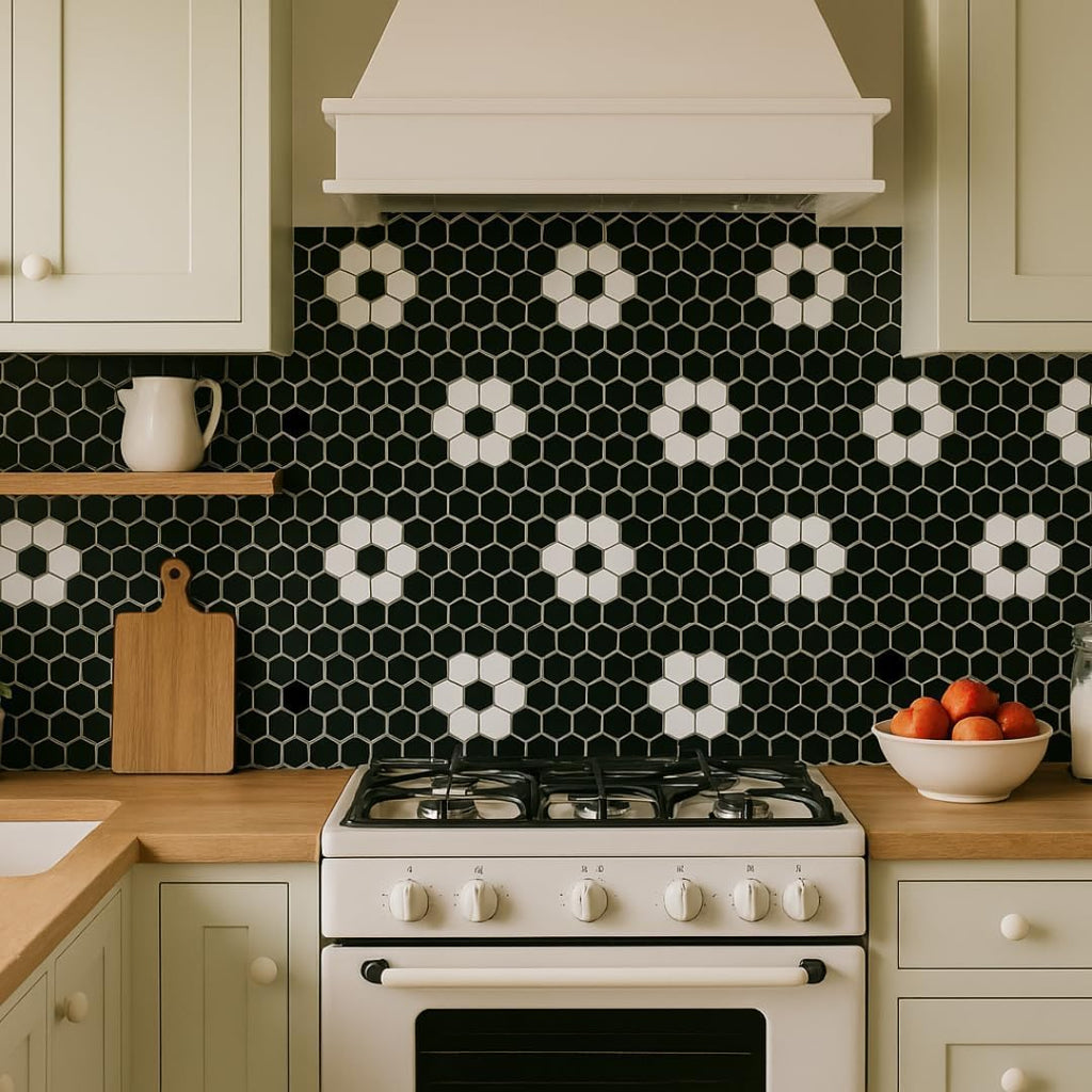 Hexagon Glossy Black and White Flower Porcelain Mosaic Tile - Kitchen Backsplash, Bathroom Wall & Shower Floor Tile