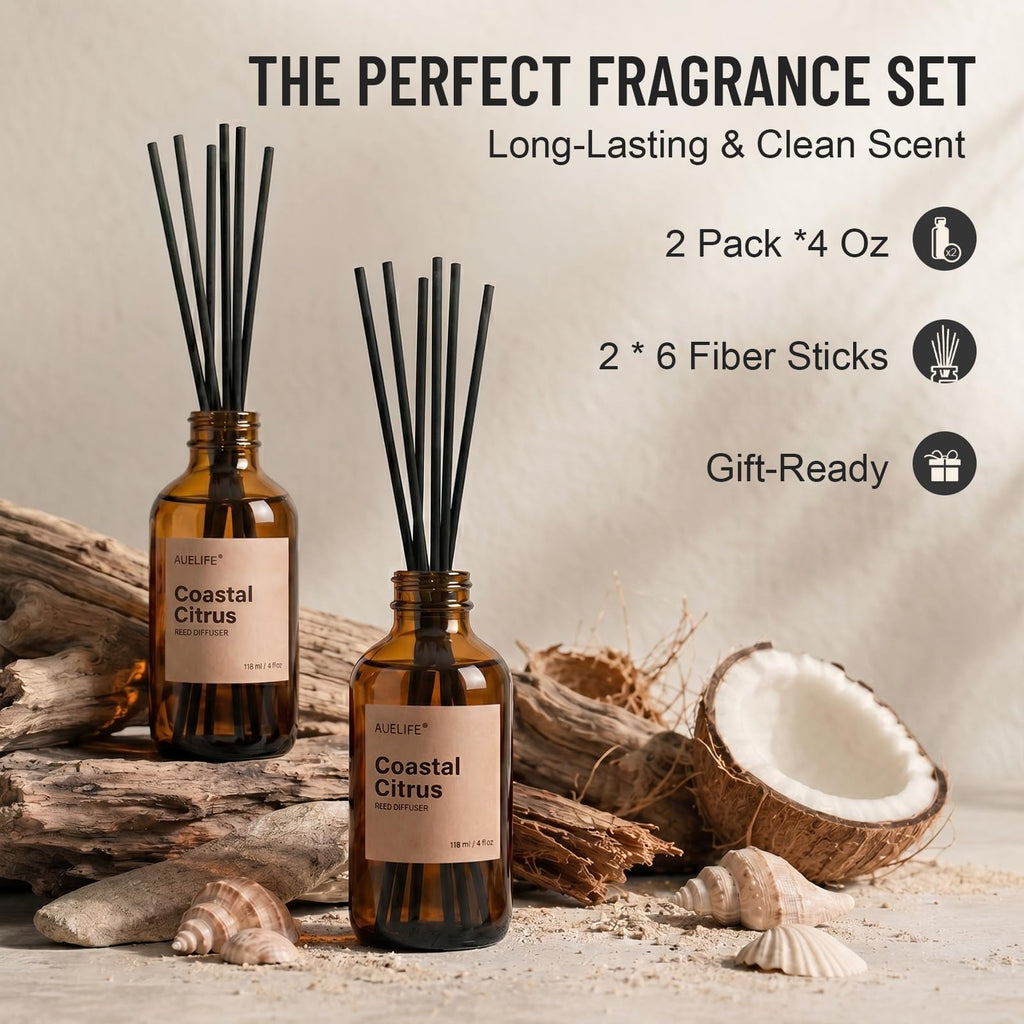 Reed Diffuser, Coastal Citrus Scent Diffuser 2 Pack 8Fl Oz