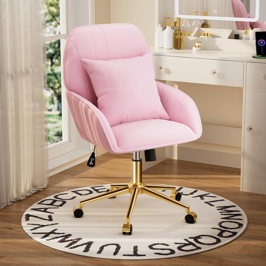 Pink Velvet Desk Chair with Pillow, Upholstered Home Office Desk Chair Makeup Vanity Chair with Swivel Wheels