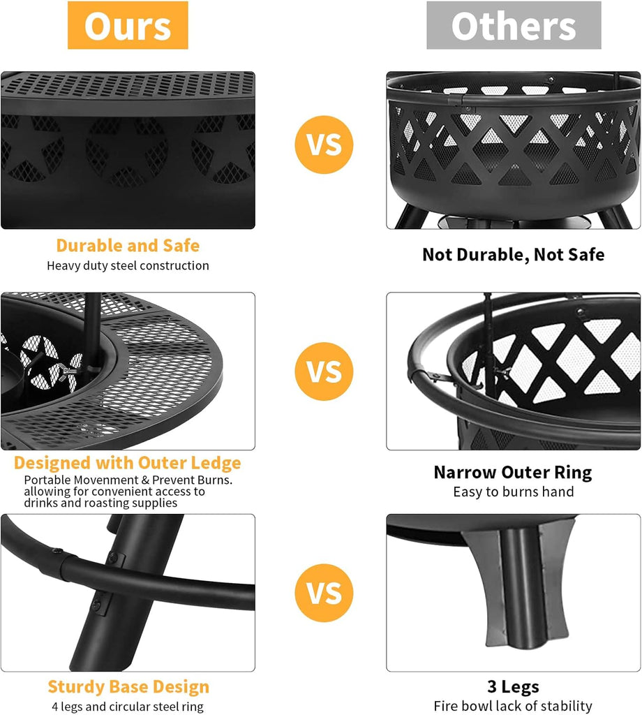 35 Inch Fire Pit with 2 Cooking Grate & Charcoal Pan, Outdoor Wood Burning BBQ Grill Firepit Bowl with Cover Lid, Steel Round Table for Backyard - Image 6