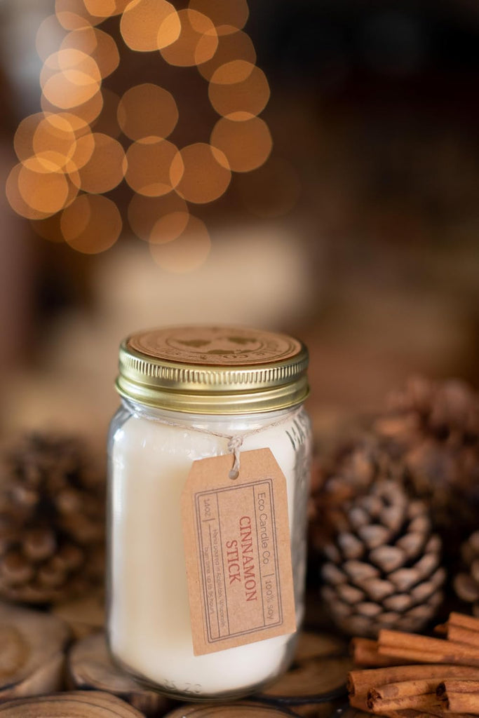 Cinnamon Stick Holiday Mason Jar Candle, 14 oz. - Scents of Cinnamon, Sugar, & Clove - 100% Soy Wax, No Lead, Gold