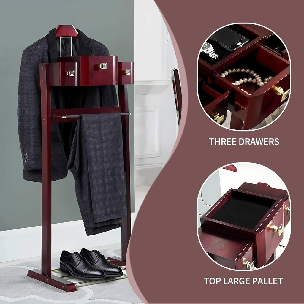 Suit Valet Stands with Hanger, Pant Hanger and Metal Shoe Rack Wood Modern Standing Hanger with Storage Organizer