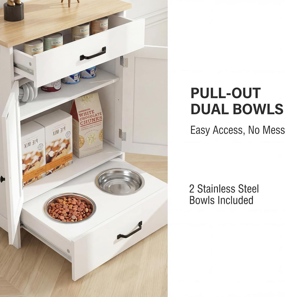 Elevated Stainless Dog Bowls, Feeding Station for Food Storage White Wood