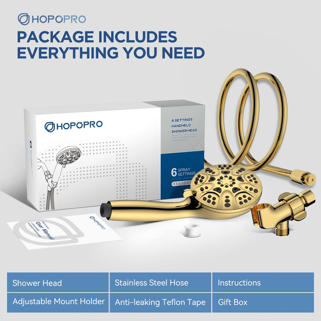 High Pressure Handheld Shower Head Set with 6 Shower Settings, Gold