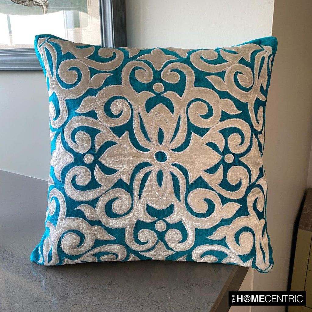 Cushion Covers for Chairs, Turquoise Pack of 2, 14x14 inch (35x35 cm) Applique Damask Decorative Pillow Covers Throw