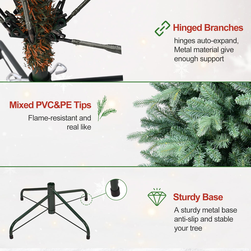 7 Ft Blue Spruce Artificial Christmas Tree, Hinged Unlit Xmas Trees with 1390 PE&PVC Mixed Branch Tips, Home Holiday
