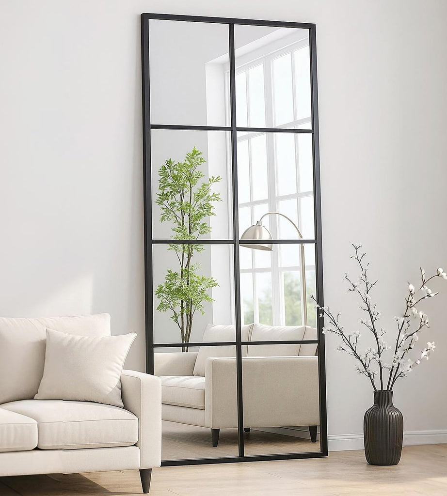 Full Length Mirror, 56"x22" Standing Windowpane Wall Mirror (Black)