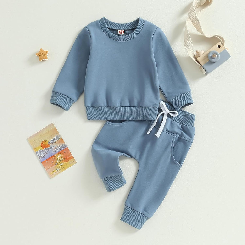 Toddler Baby Boys Fall Outfits Long Sleeve Pull On Sweatshirt Elastic Waist Pants 2Pcs Solid Clothes Set