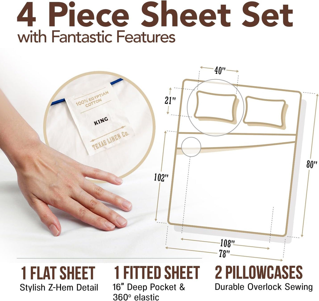Egyptian Cotton King Sheets Set - Everyday Bedding King Sheet Set (4 PC, Light Blue), Soft & Durable, Cooling, 16"