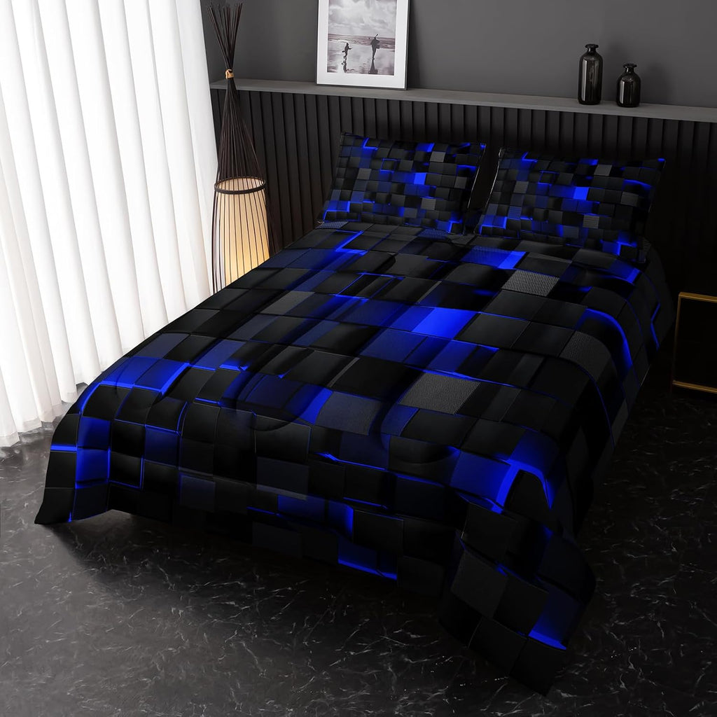 Neon Blue Black Comforter Set Full Geometric Kids Bedding Set,3 PCS Geometry Honeycomb Bed Set Modern Quilt Set 1
