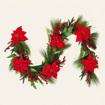 Christmas Pine Garland with Red Poinsettias, Pine Cones & Berries