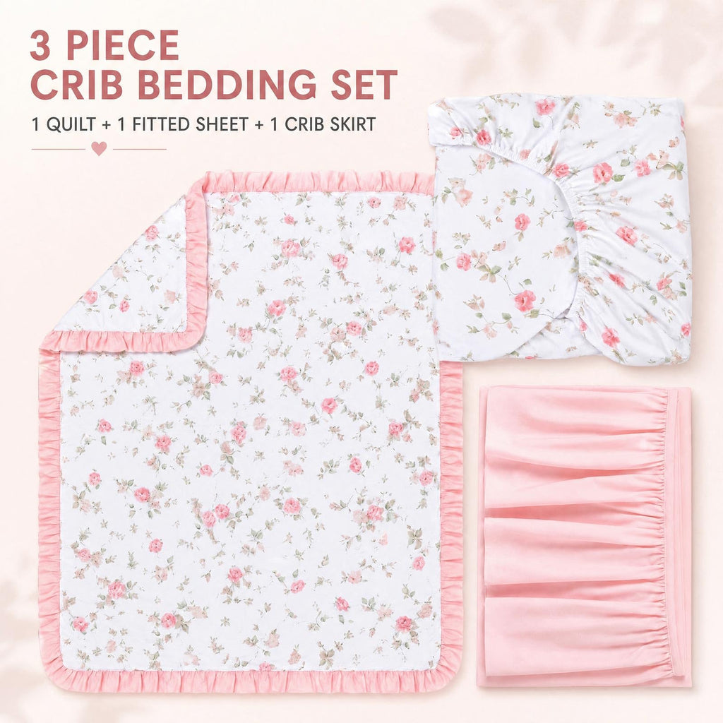 3 Pcs Pink Floral Crib Bedding Set for Baby Girls, Ruffle Design