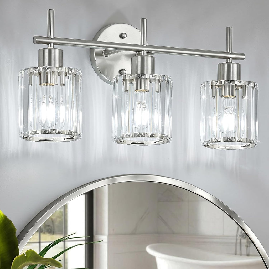 Brushed Nickel 3-Light Crystal Bathroom Vanity Light Fixtures, Round | Vanity Lights , Modern Bathroom Lighting
